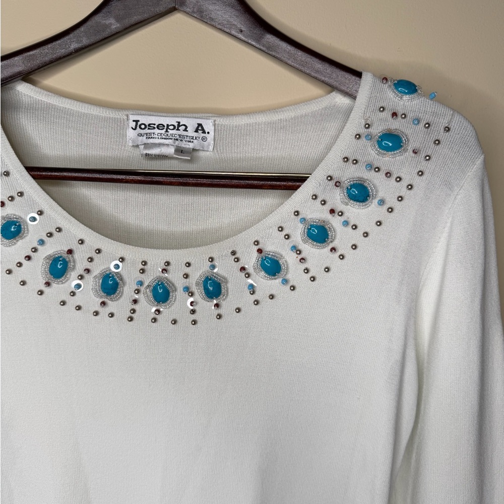 Vintage Joseph A 3/4 Sleeve Beaded Neckline Y2K Blouse Large White Spring Boho - Picture 5 of 6